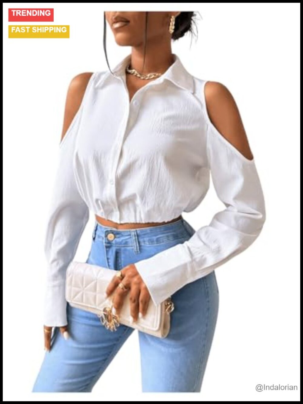 Cold Shoulder Long Sleeve Button Down Collared Cropped Blouse